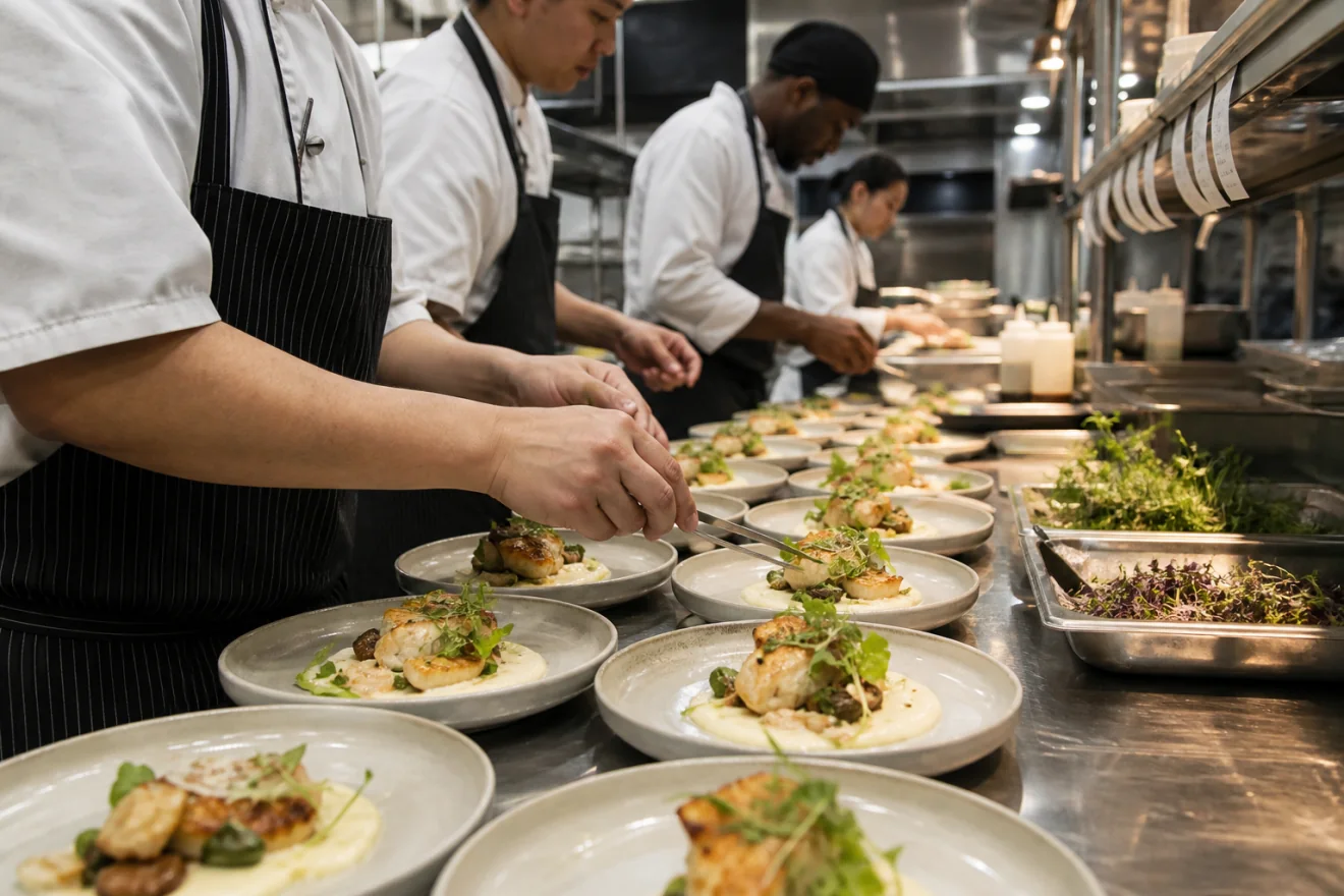 Professional catering team plating a large event order in an organized kitchen