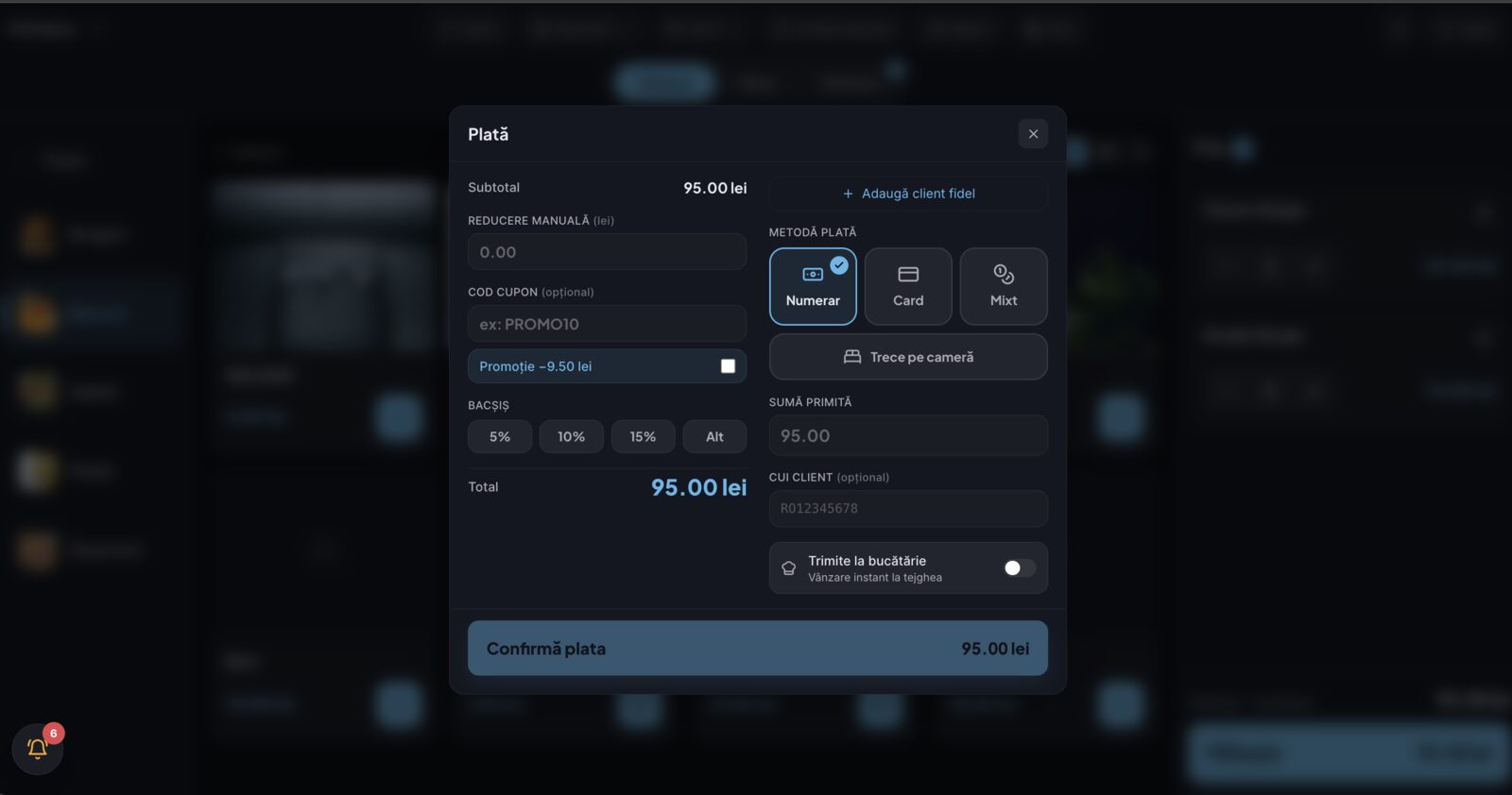 Dialogul de plată din POS: numerar, card sau mixt, bacșiș, reduceri, cod cupon și CUI client