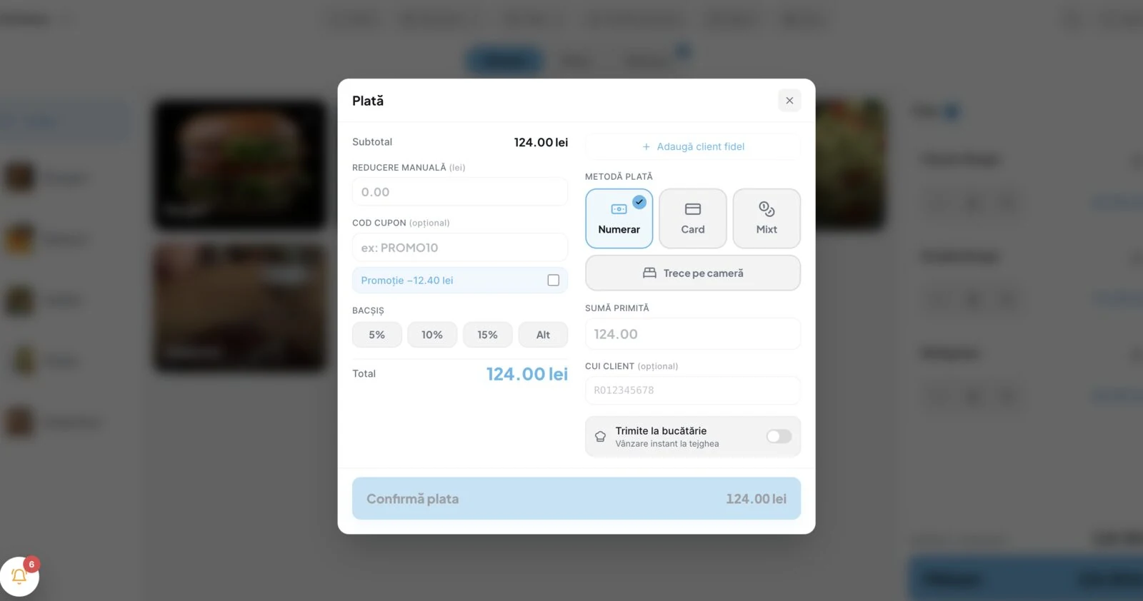 Payment dialog on the light theme with tips, discounts and cash or card