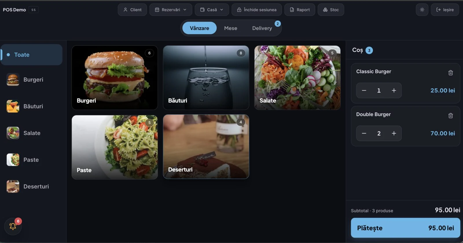 DelivCore restaurant POS sale screen with photo categories and cart