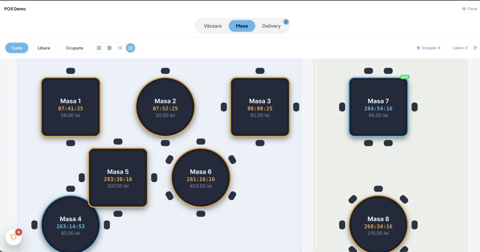 Floor plan with live table timers and running totals, on the light theme