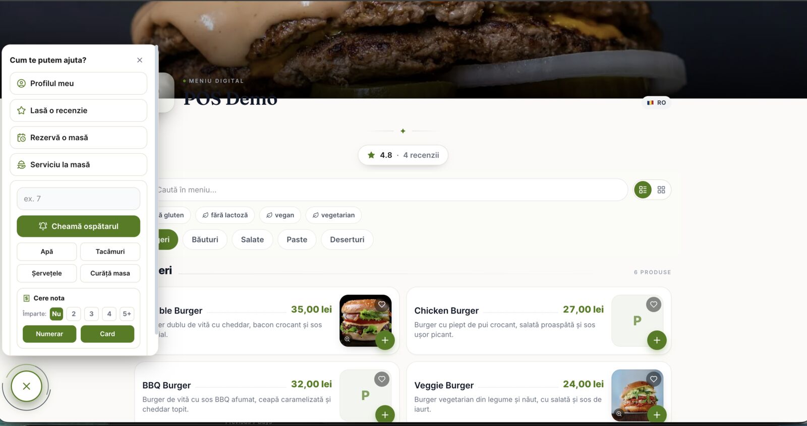 Guest actions panel on the QR menu: call the waiter, ask for water or cutlery, request the bill split by cash or card