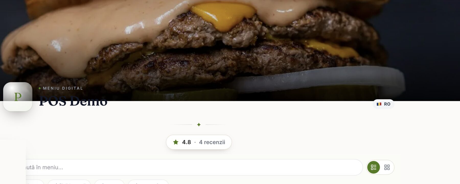 DelivCore digital QR menu of a demo restaurant, with rating and language switcher