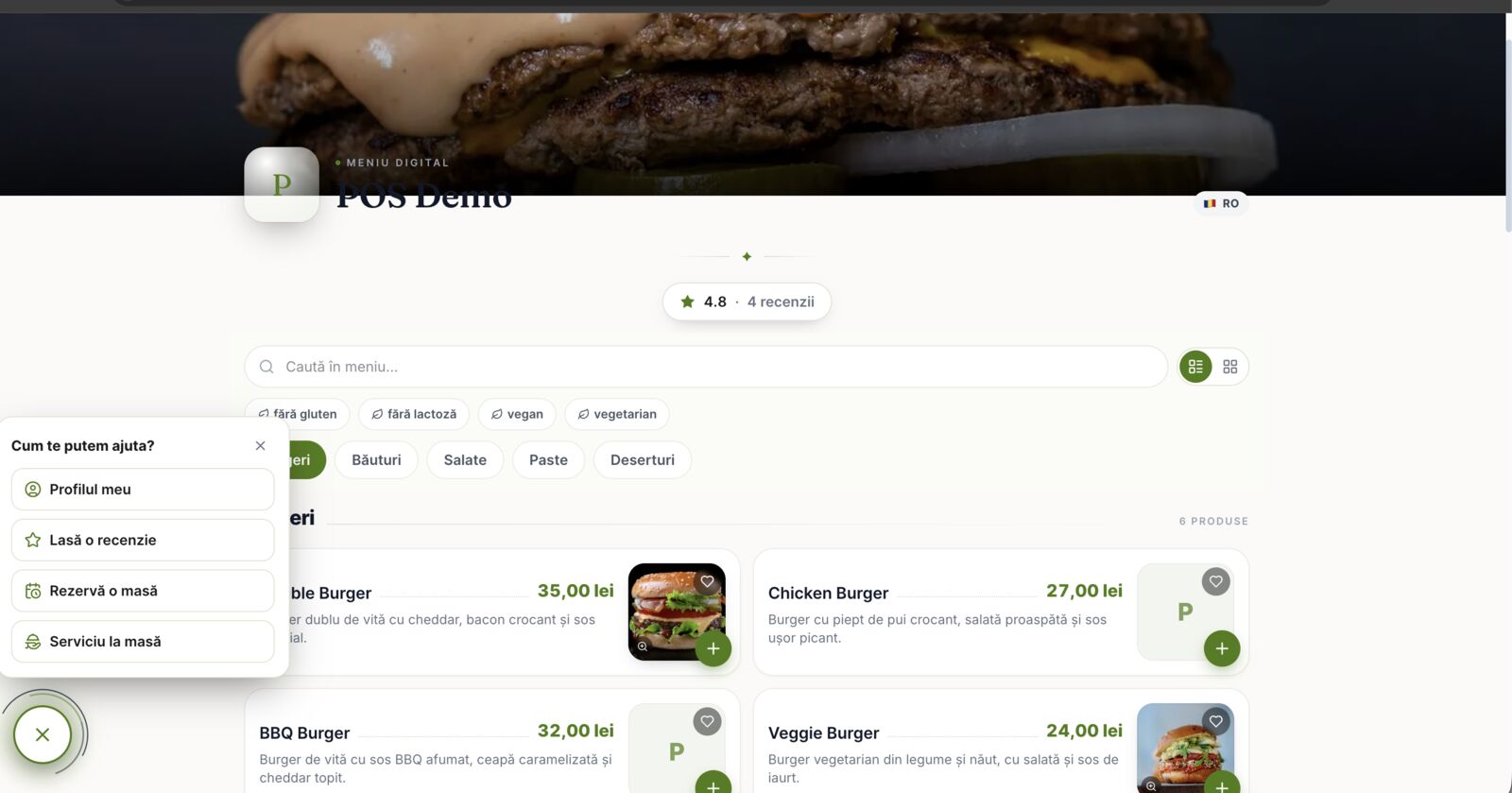 QR menu in light list view with dietary filters and guest actions panel