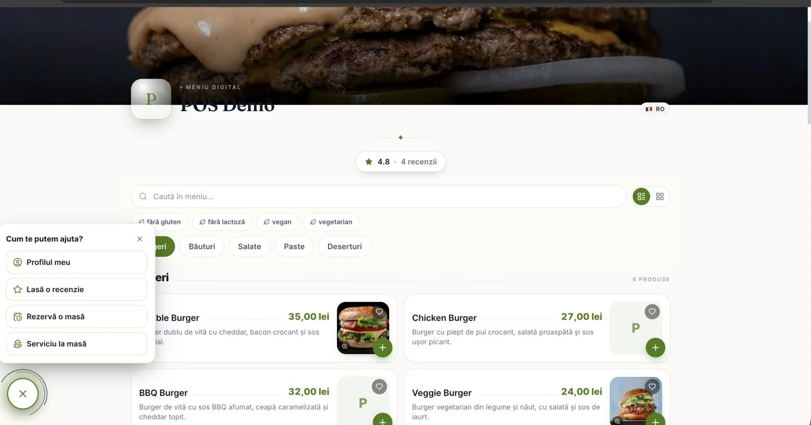 QR menu opened from the table, with dietary filters