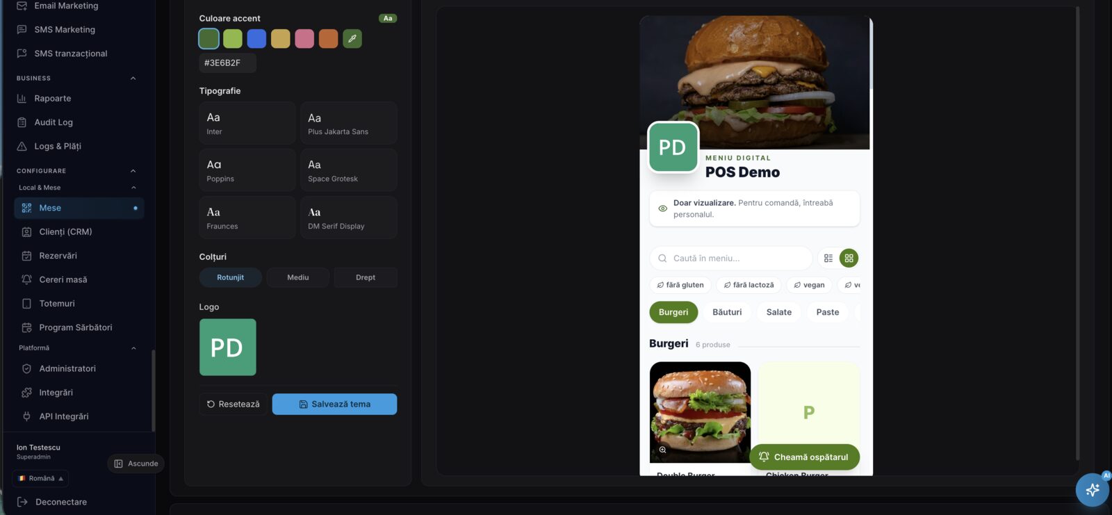 The QR menu theme editor in the DelivCore admin: accent colors, typography, corners and logo, with a live phone preview