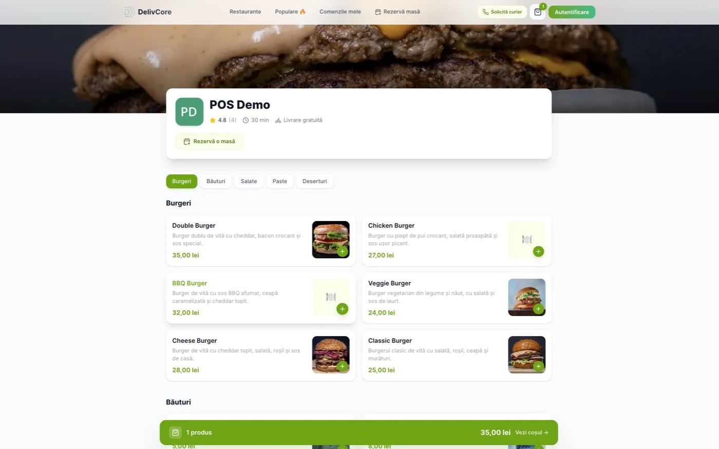 Customer web, restaurant menu with live cart