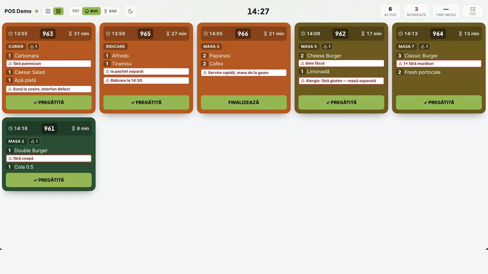 Kitchen display in grid view on the light theme