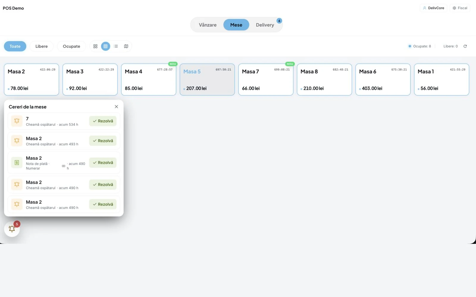 Counter POS, tables and table requests on the light theme