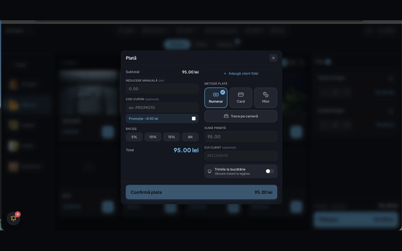 Counter POS, payment (cash / card / mixed)