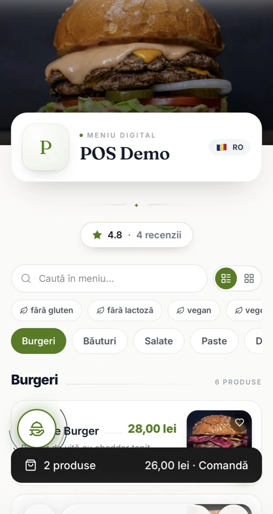 QR menu, light theme, hero