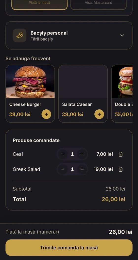 QR menu, checkout